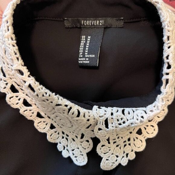 Forever 21 Black Semi Sheer Blouse with Creamy White Cotton Lace Collar- Medium - Picture 3 of 5